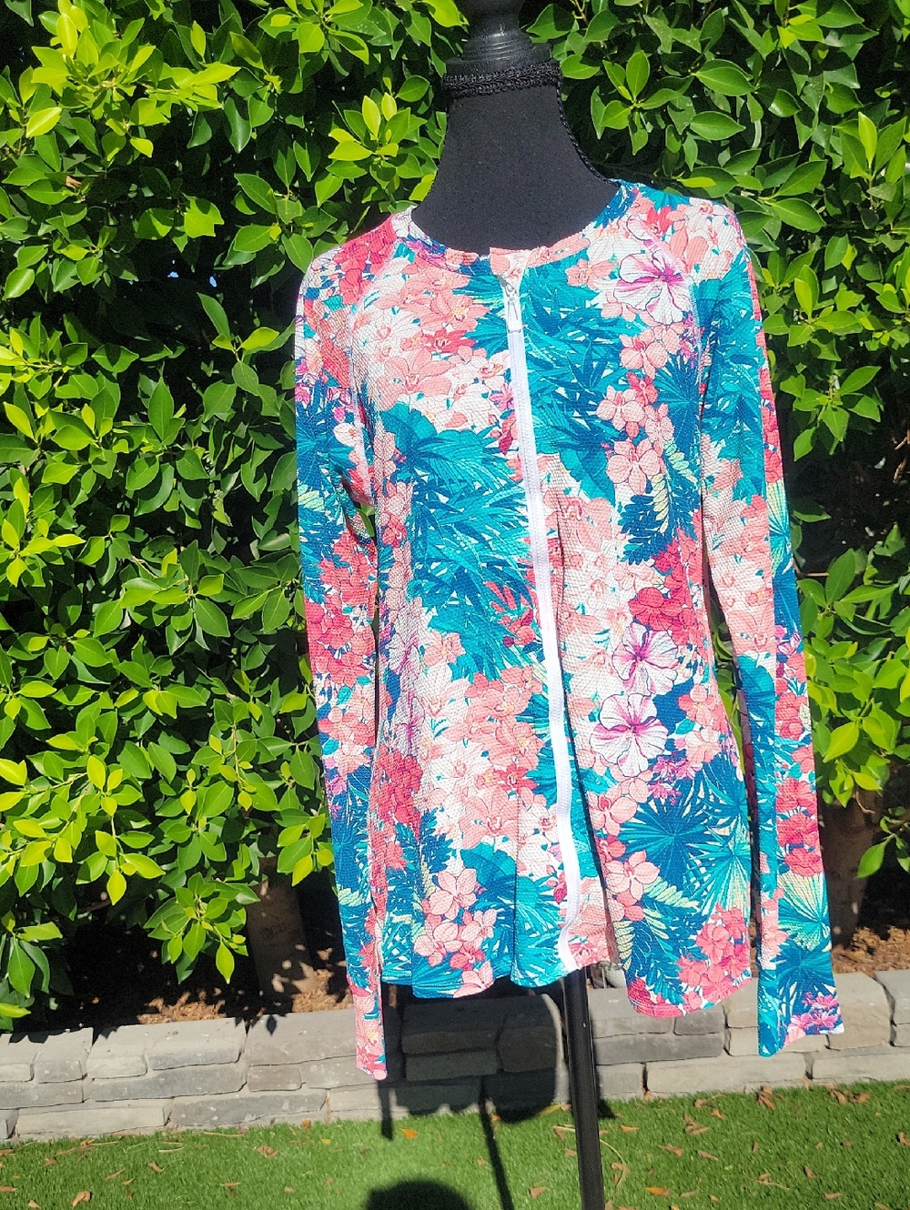 Beach House Full Zip Rash Guard Teal and Coral Floral Swim Cover-Up Jacket XL